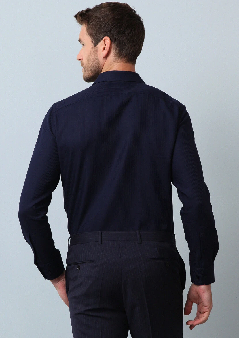 Navy Blue Striped Regular Fit Weaving Classical 100% Cotton Shirt - 5