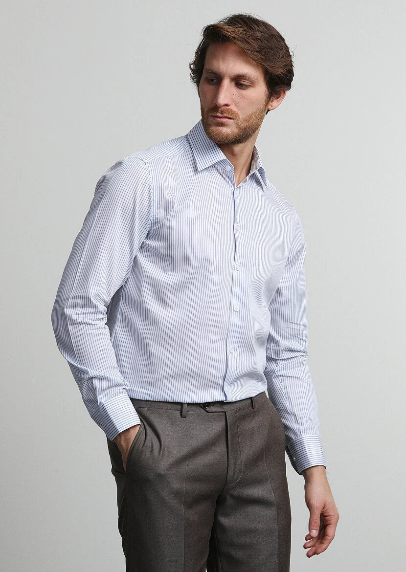 Navy Blue Striped Regular Fit Weaving Classical 100% Cotton Shirt - 1