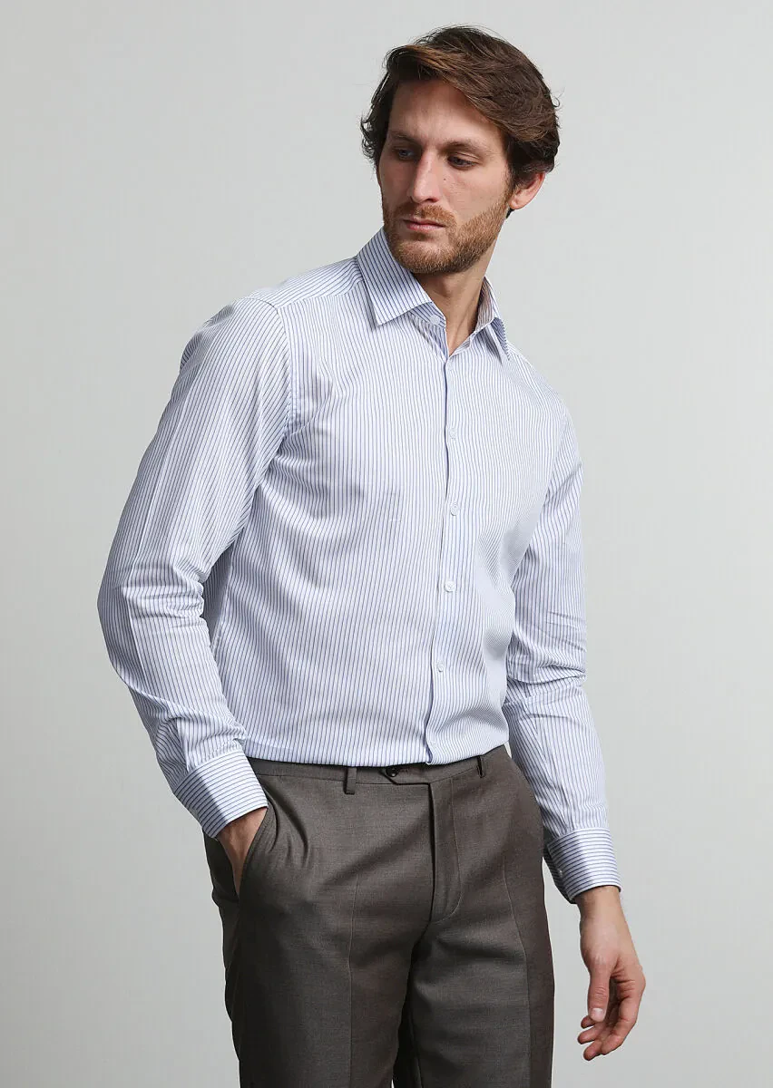 Navy Blue Striped Regular Fit Weaving Classical 100% Cotton Shirt - 1