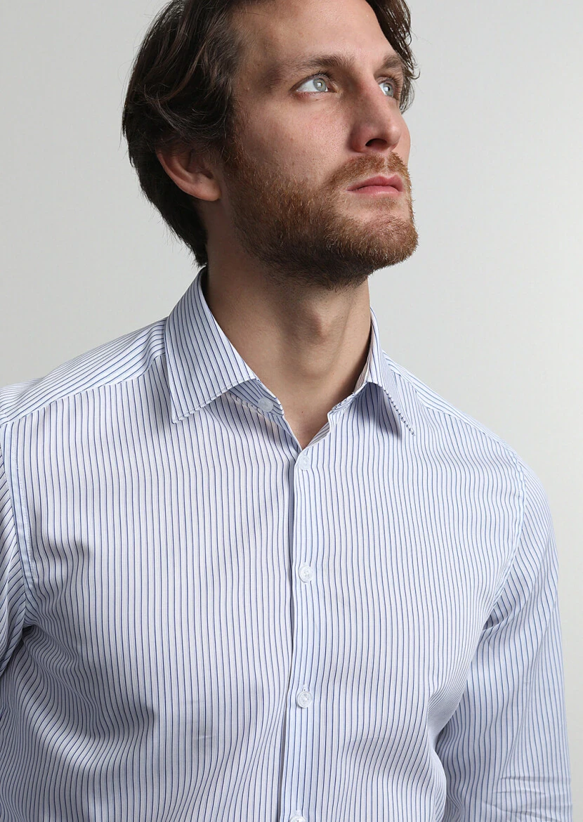 Navy Blue Striped Regular Fit Weaving Classical 100% Cotton Shirt - 2