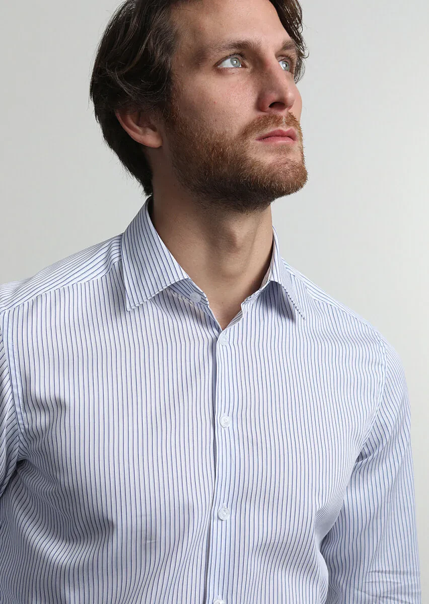 Navy Blue Striped Regular Fit Weaving Classical 100% Cotton Shirt - 2