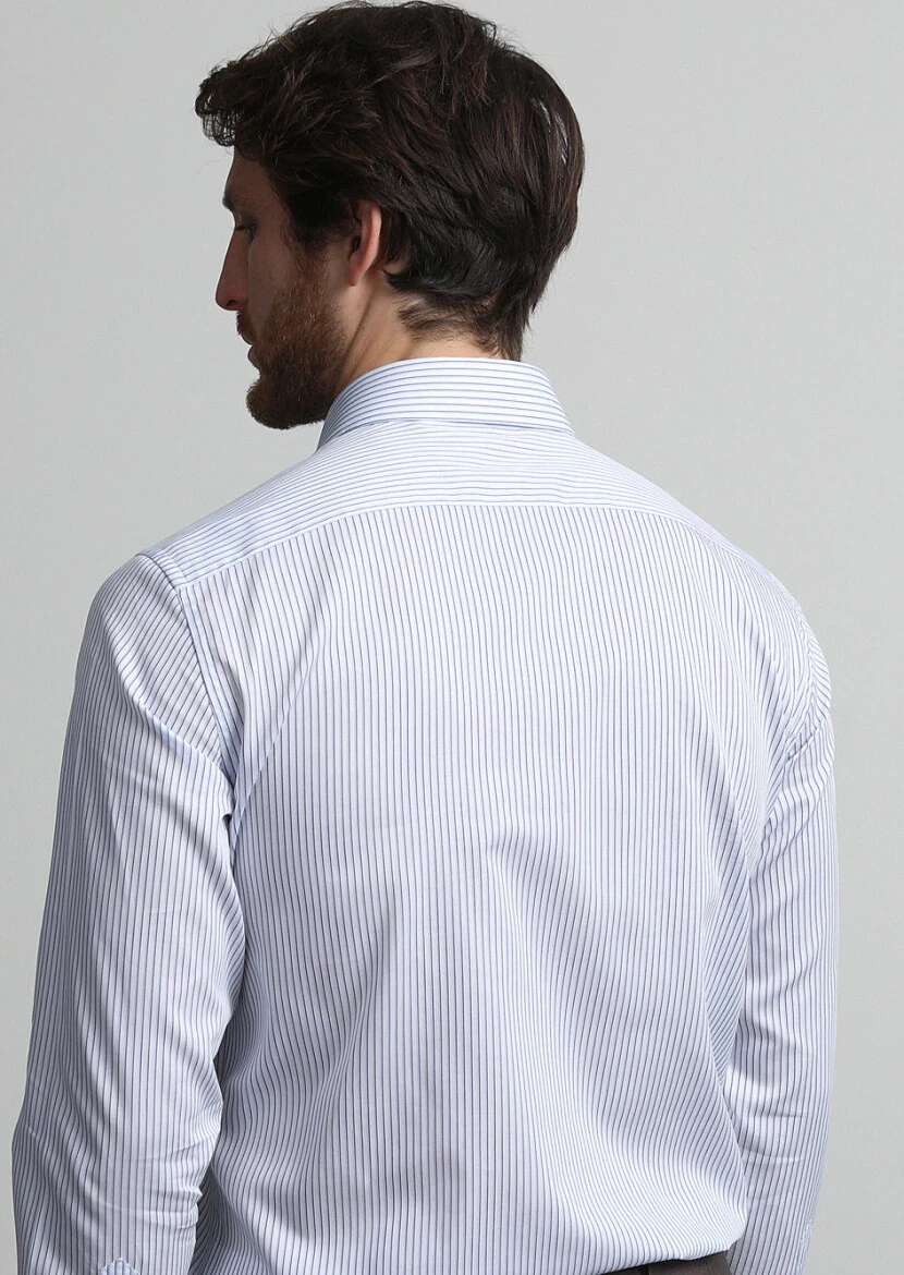 Navy Blue Striped Regular Fit Weaving Classical 100% Cotton Shirt - 4