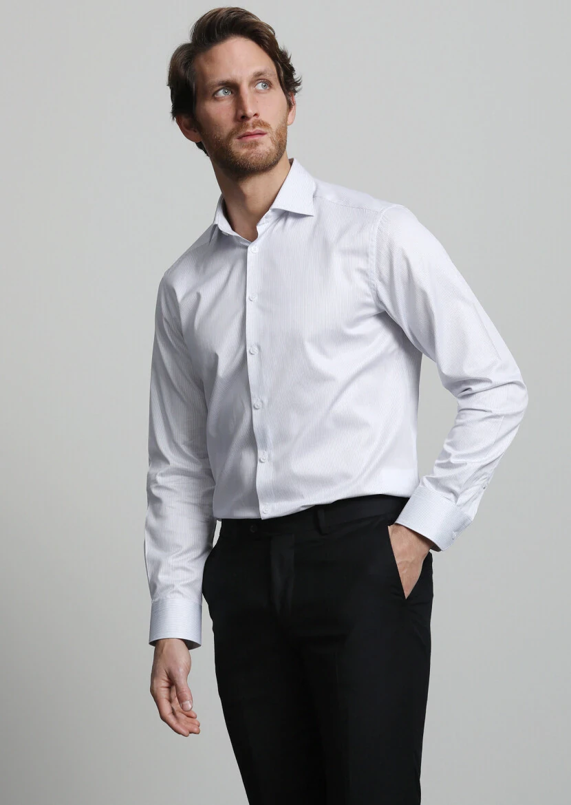 Navy Blue Striped Regular Fit Weaving Classical 100% Cotton Shirt - 1