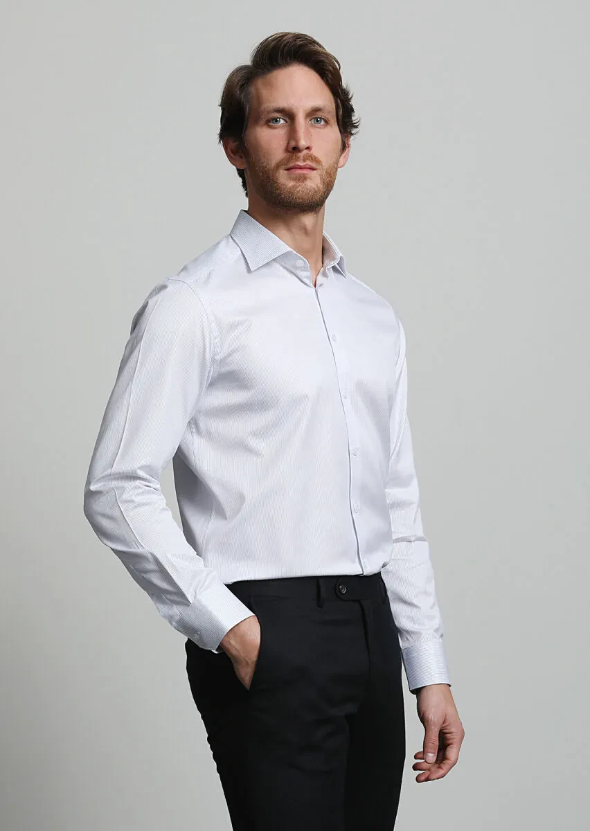 Navy Blue Striped Regular Fit Weaving Classical 100% Cotton Shirt - 3