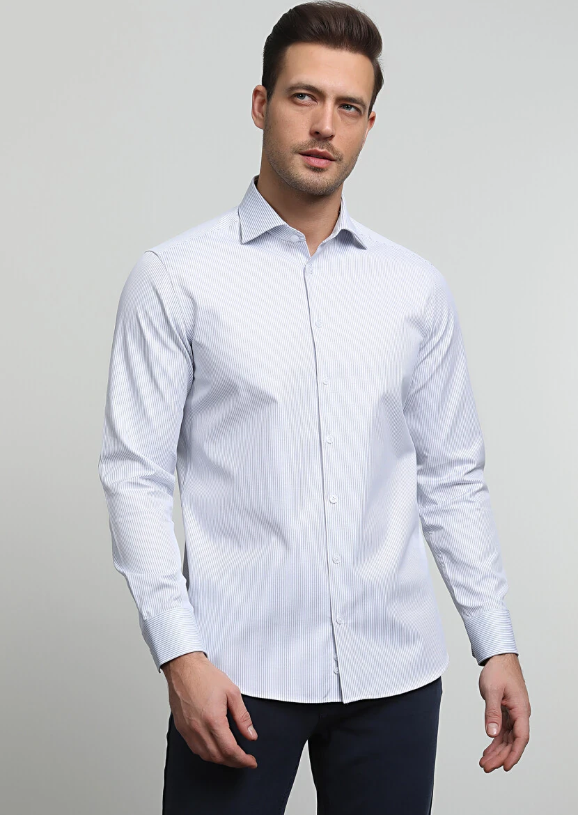 Navy Blue Striped Regular Fit Weaving Classical 100% Cotton Shirt - 1