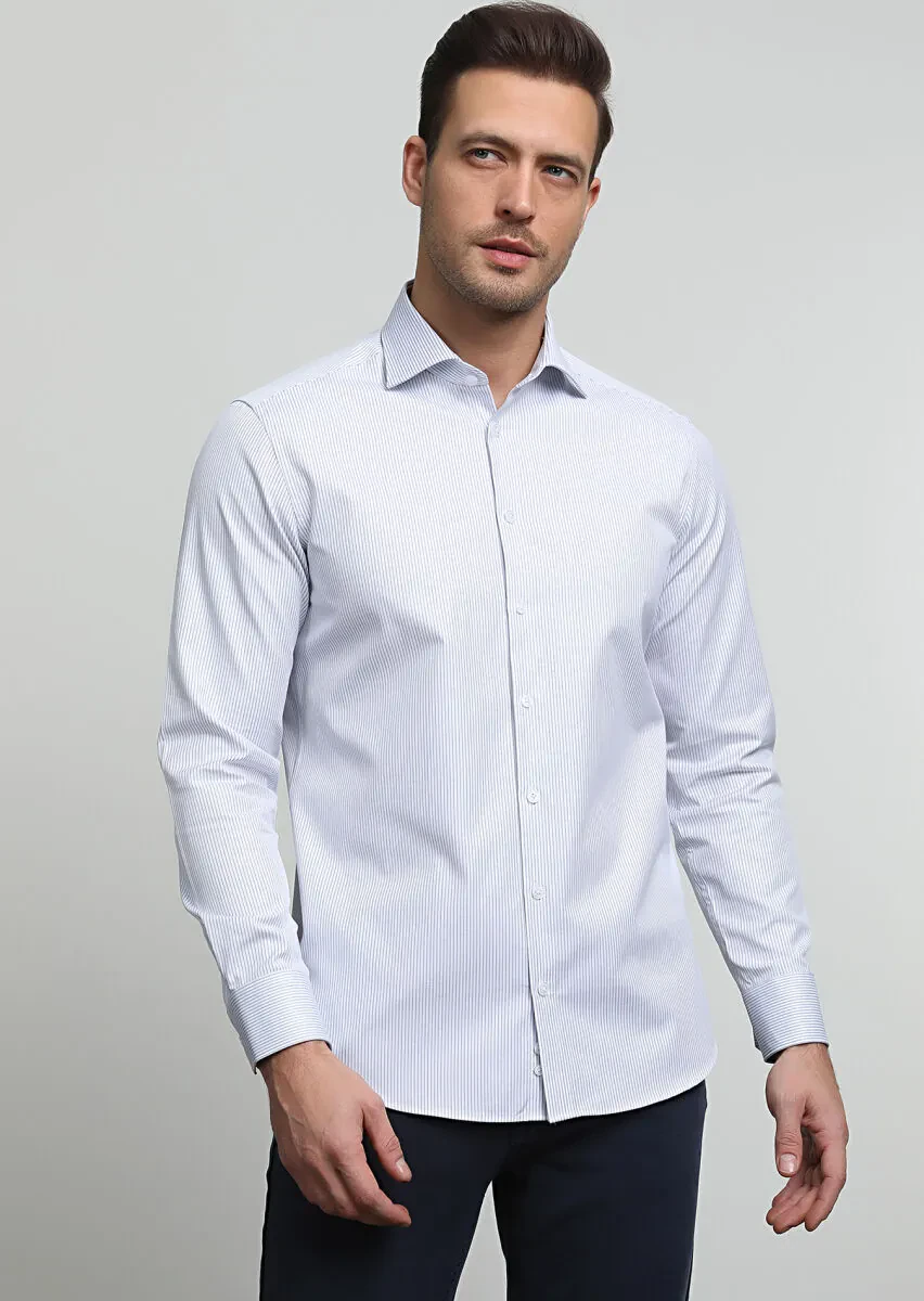 Navy Blue Striped Regular Fit Weaving Classical 100% Cotton Shirt - 1