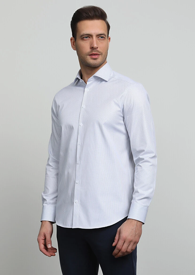 Navy Blue Striped Regular Fit Weaving Classical 100% Cotton Shirt - 3