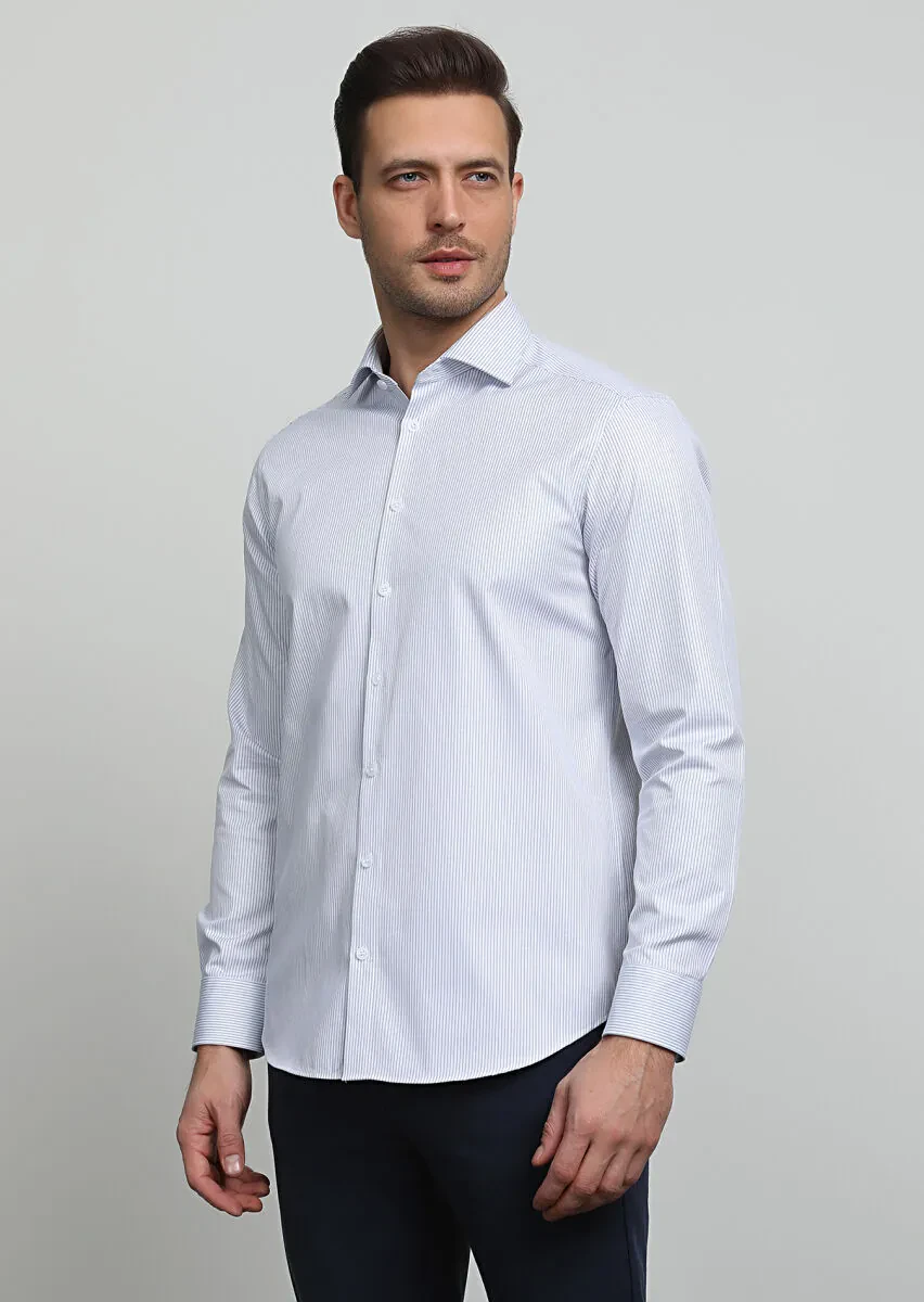 Navy Blue Striped Regular Fit Weaving Classical 100% Cotton Shirt - 3