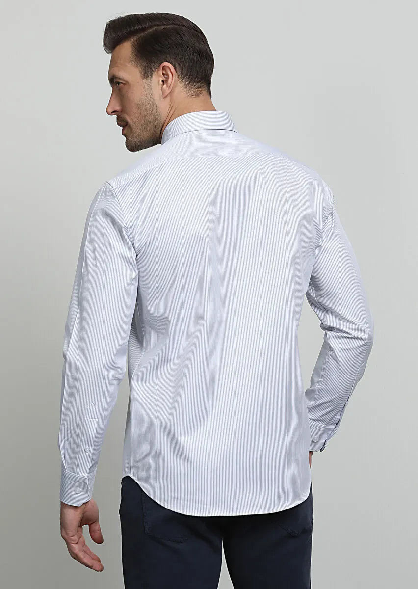 Navy Blue Striped Regular Fit Weaving Classical 100% Cotton Shirt - 4