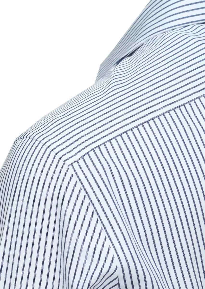 Navy Blue Striped Regular Fit Weaving Classical 100% Cotton Shirt - 3