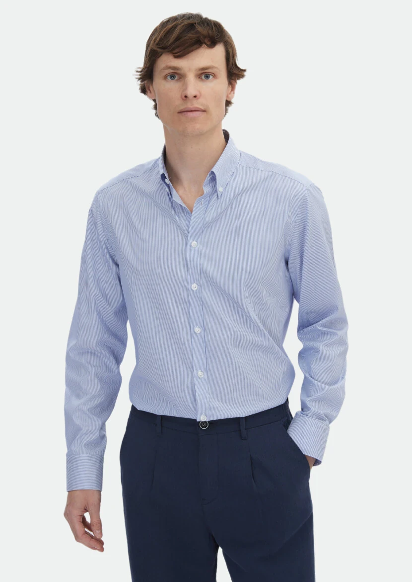 Navy Blue Striped Regular Fit Weaving Classical 100% Cotton Shirt - RAMSEY