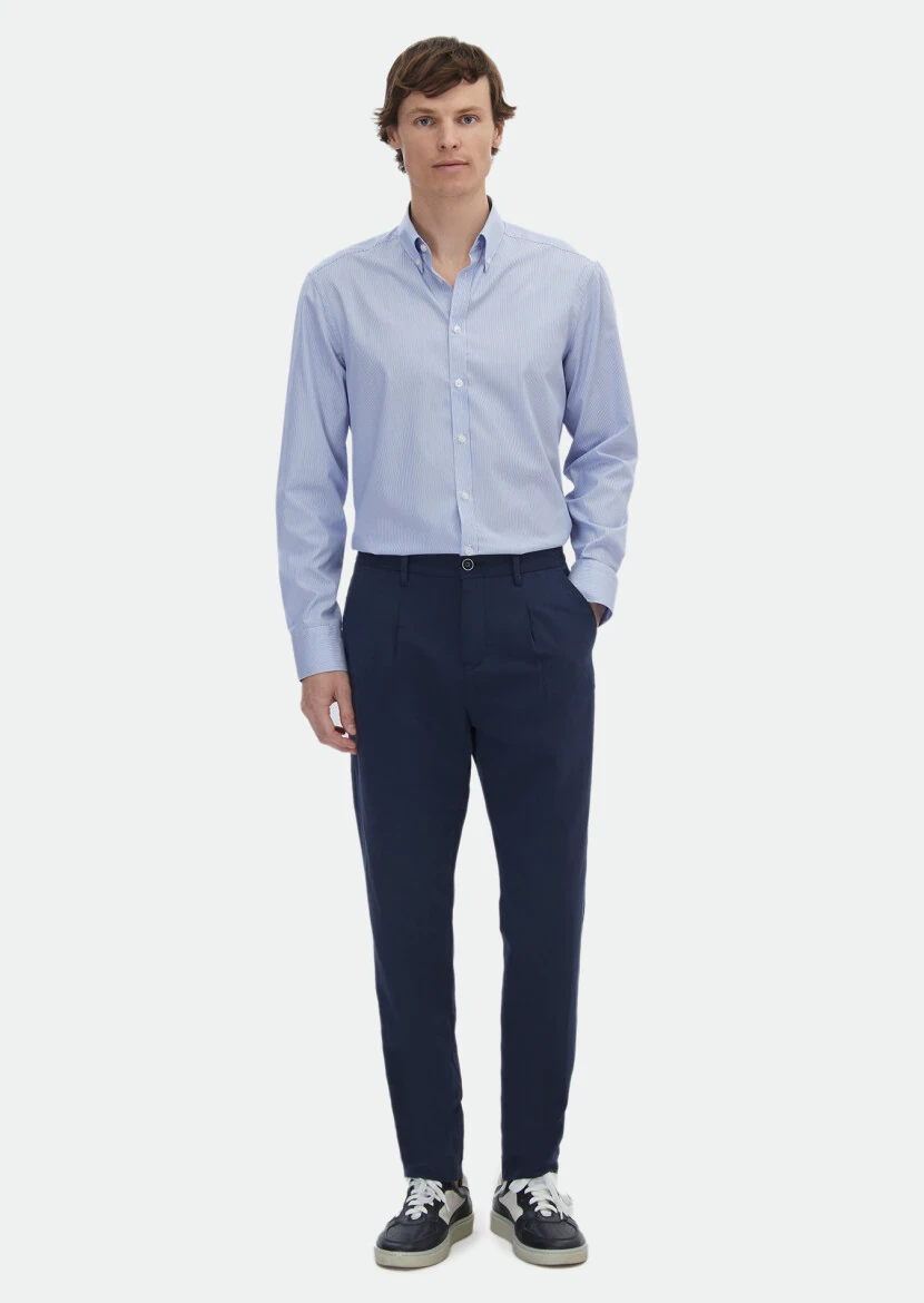 Navy Blue Striped Regular Fit Weaving Classical 100% Cotton Shirt - RAMSEY