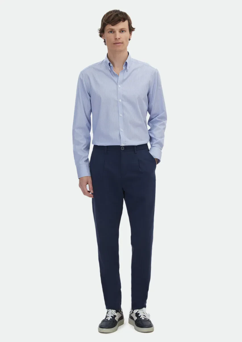 Navy Blue Striped Regular Fit Weaving Classical 100% Cotton Shirt - 2