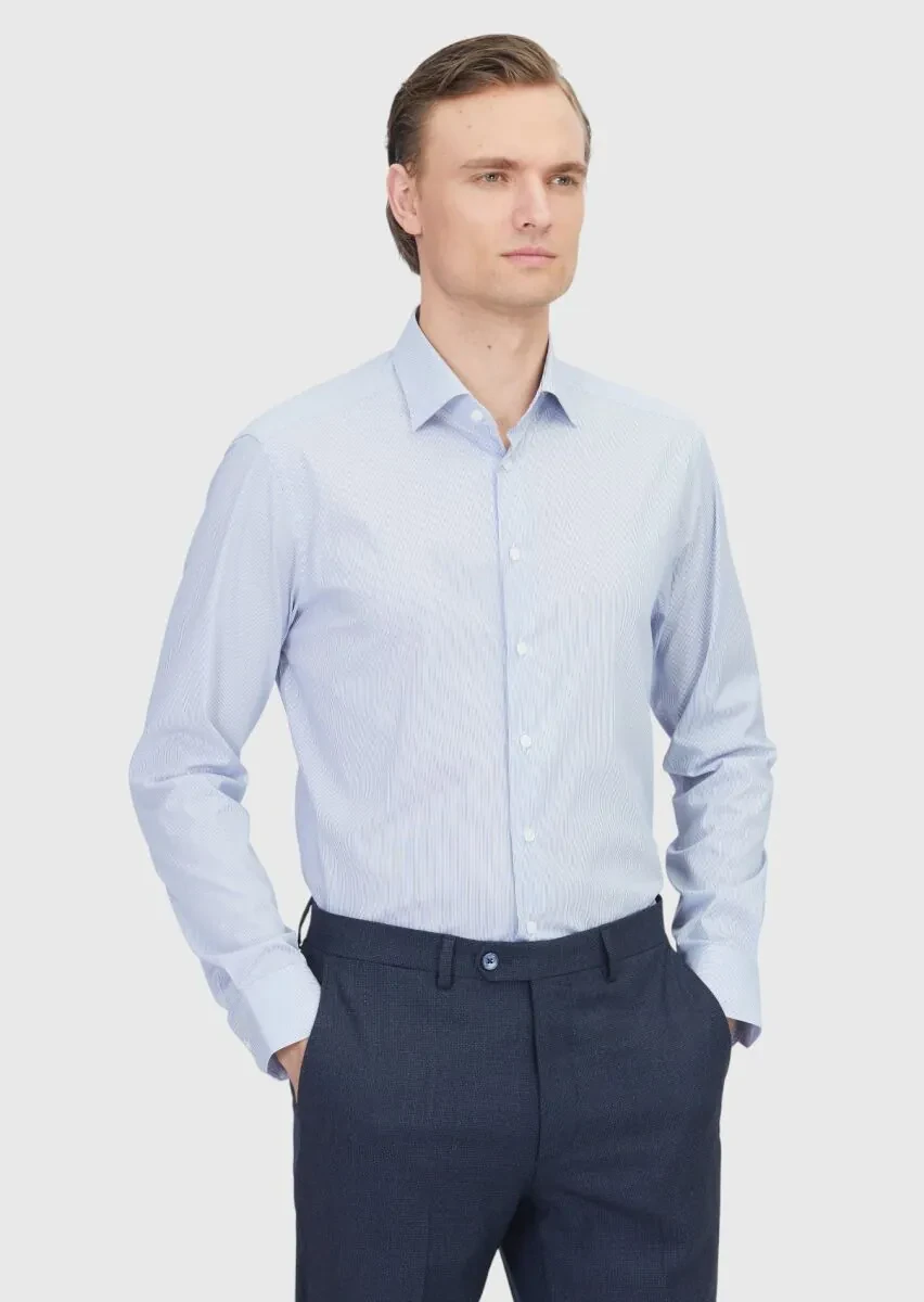 Navy Blue Striped Regular Fit Weaving Classical Cotton Blended Shirt - 1