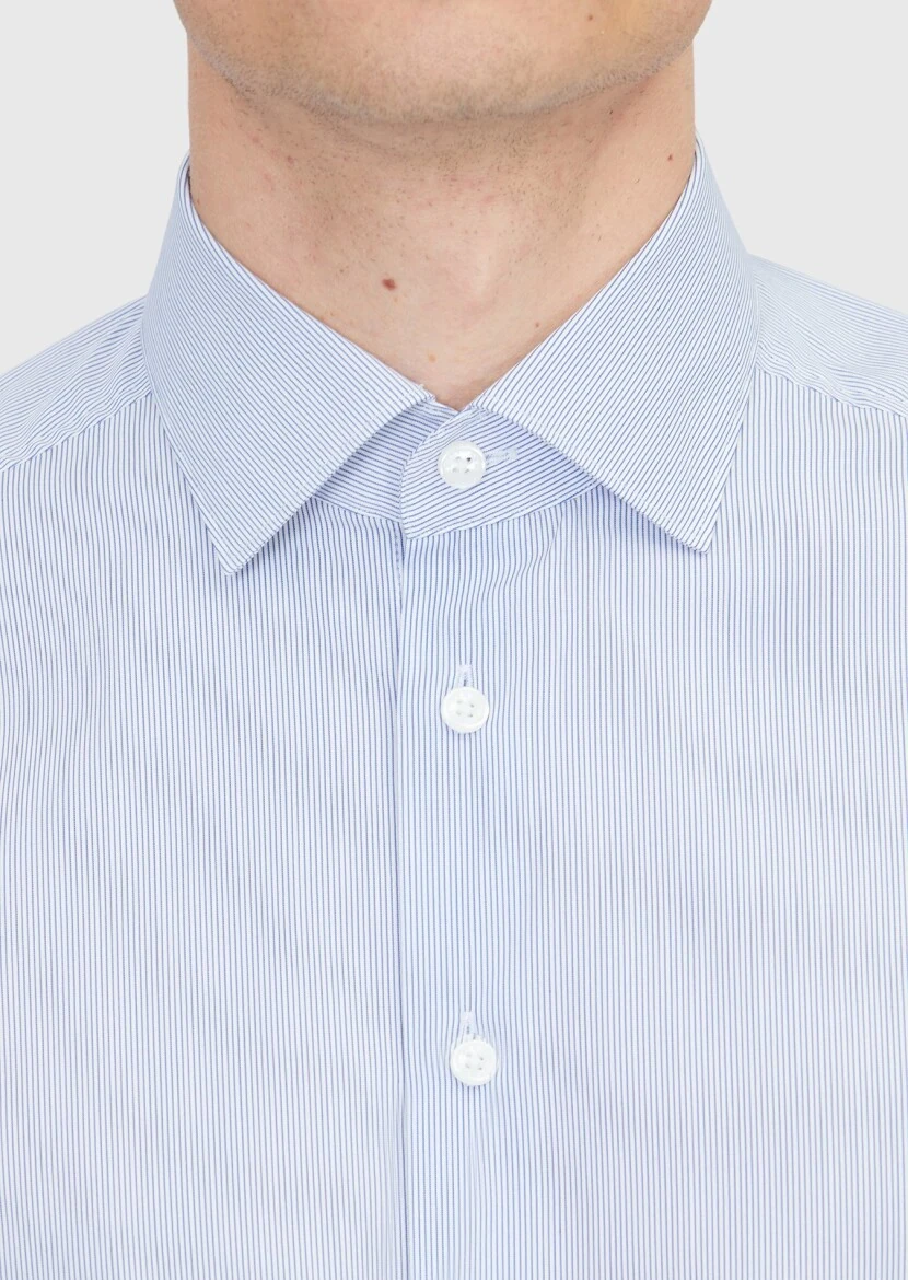 Navy Blue Striped Regular Fit Weaving Classical Cotton Blended Shirt - 4