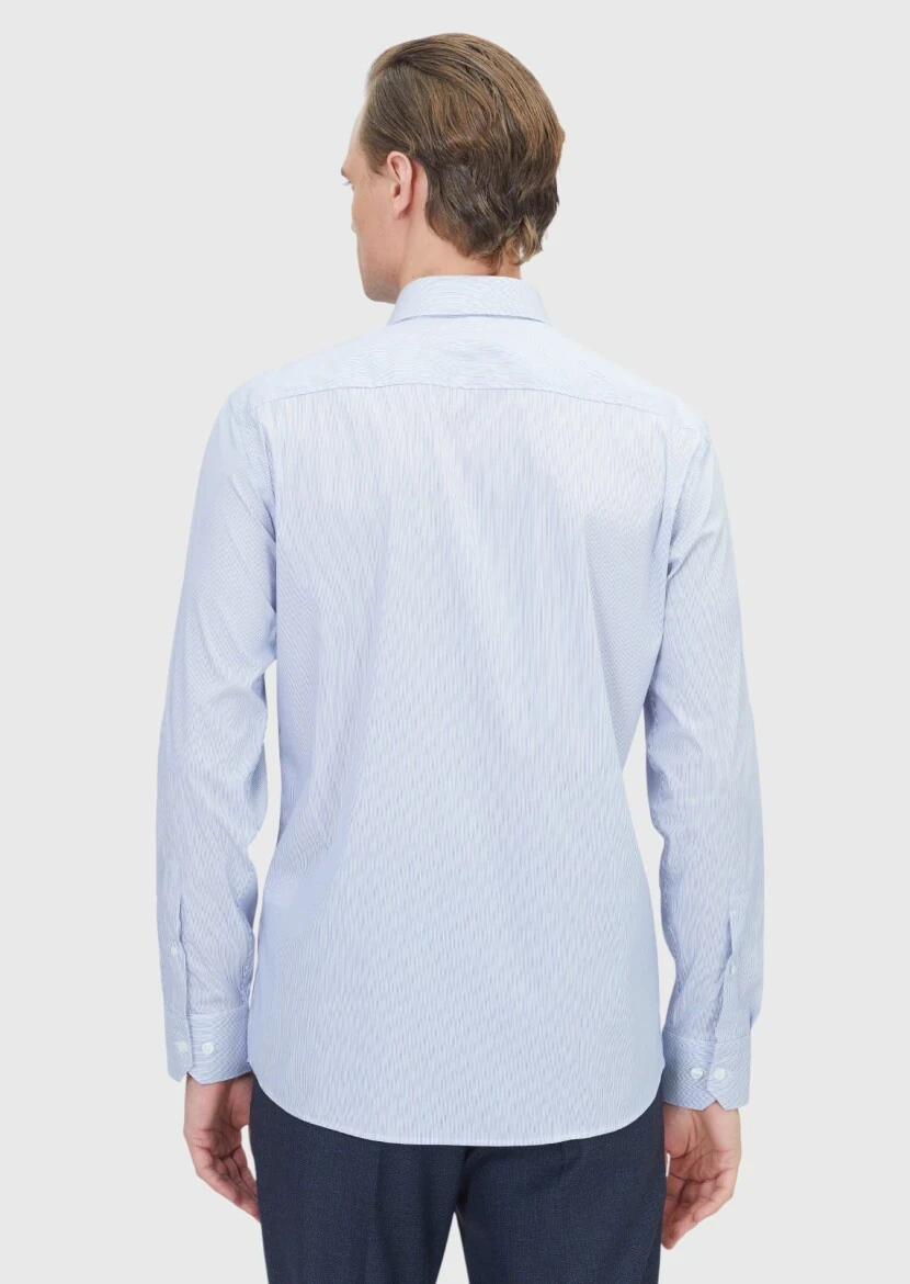 Navy Blue Striped Regular Fit Weaving Classical Cotton Blended Shirt - 5