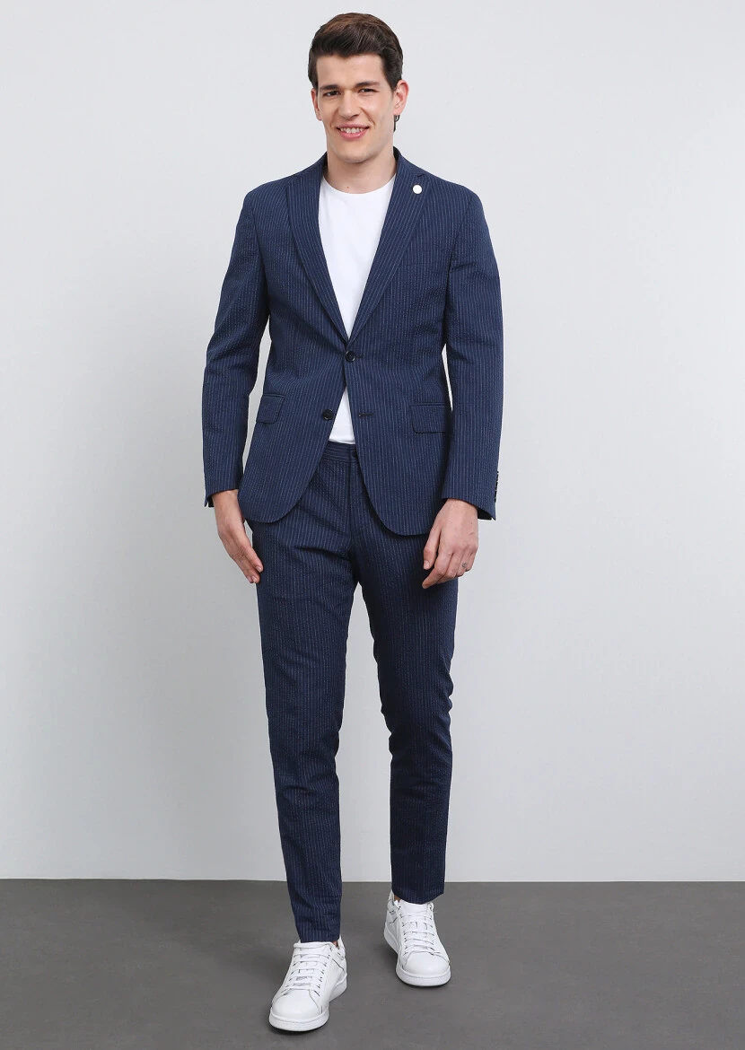 Navy Blue Striped Shirt Shoulder Slim Fit Cotton Blended Suit - 1