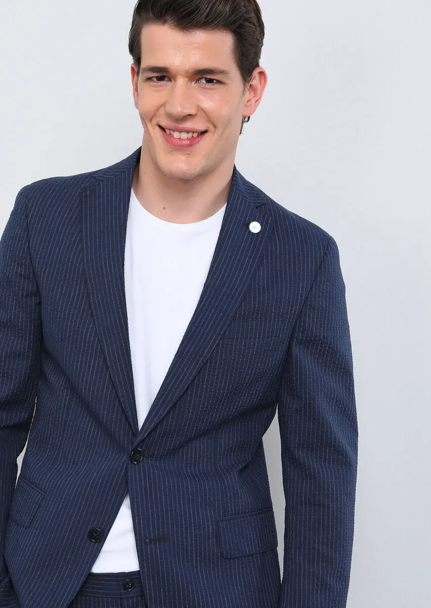 Navy Blue Striped Shirt Shoulder Slim Fit Cotton Blended Suit - 3