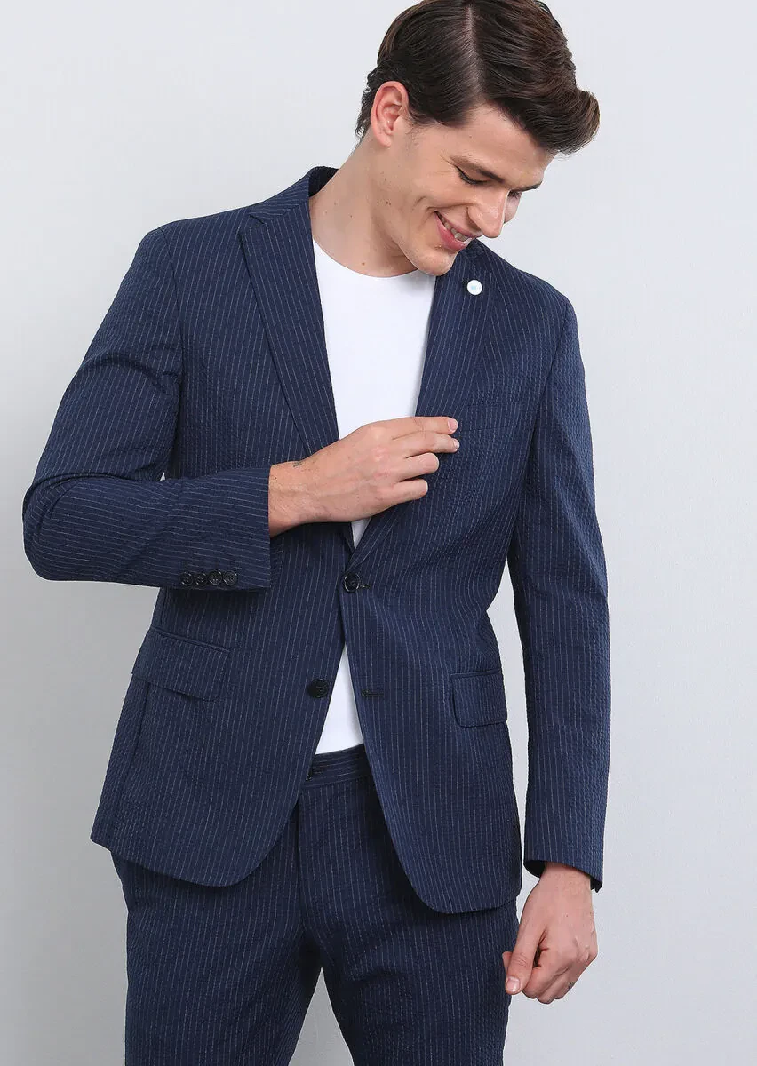 Navy Blue Striped Shirt Shoulder Slim Fit Cotton Blended Suit - 4