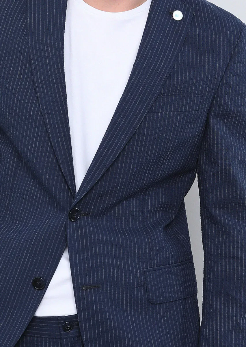 Navy Blue Striped Shirt Shoulder Slim Fit Cotton Blended Suit - 5