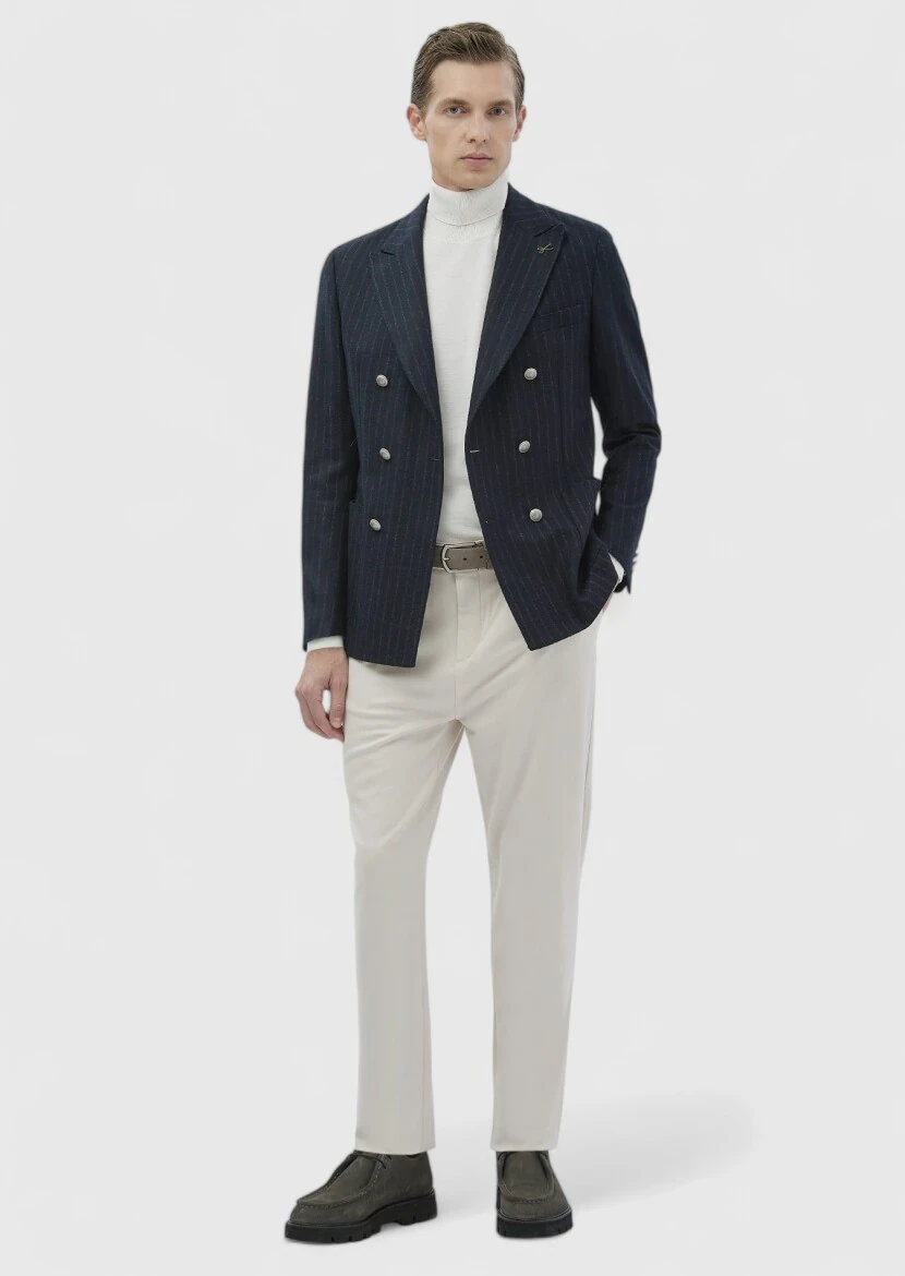 Navy Blue Striped Shirt Shoulder Slim Fit Wool Blended Jacket - RAMSEY