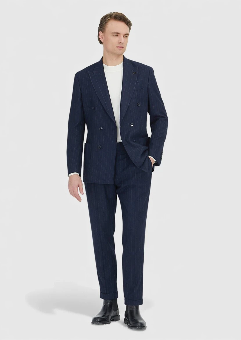 Navy Blue Striped Shirt Shoulder Slim Fit Wool Blended Jacket - RAMSEY