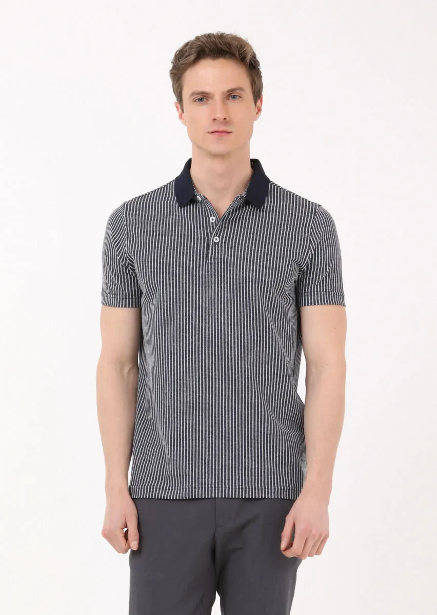 Navy Blue Striped Slim Fit Knitting Casual 100% Cotton Shirt - 1