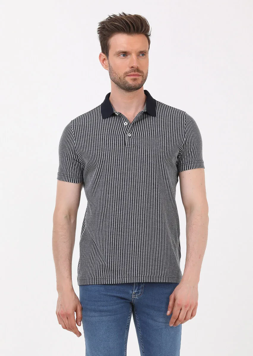 Navy Blue Striped Slim Fit Knitting Casual 100% Cotton Shirt - 3
