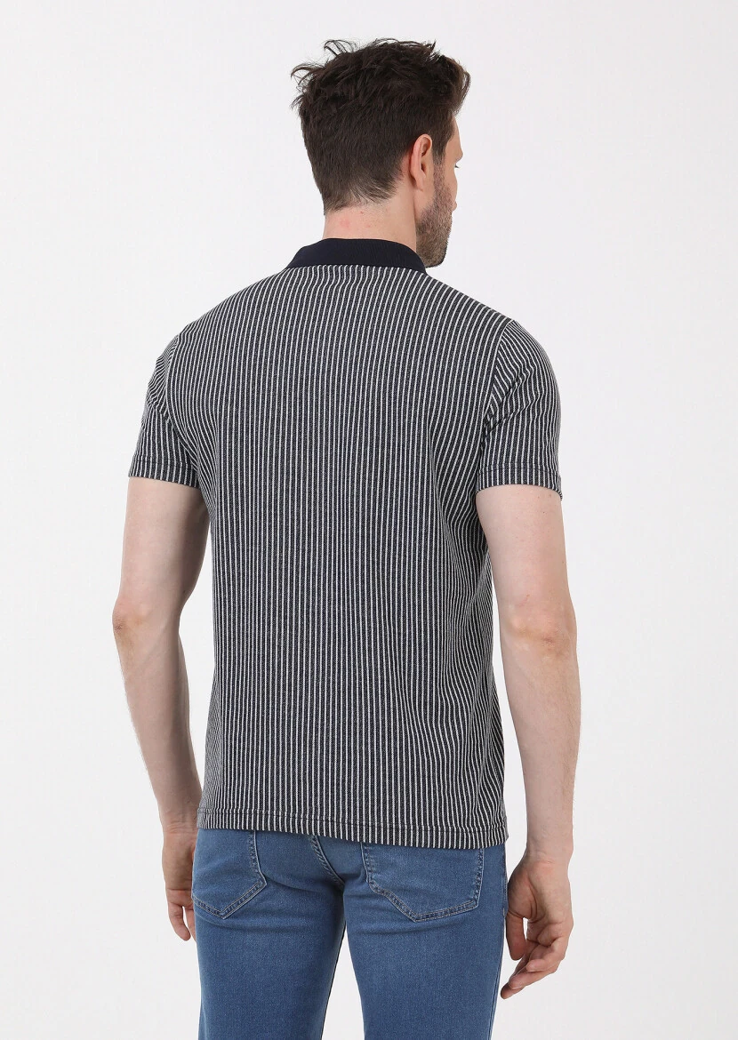 Navy Blue Striped Slim Fit Knitting Casual 100% Cotton Shirt - 4