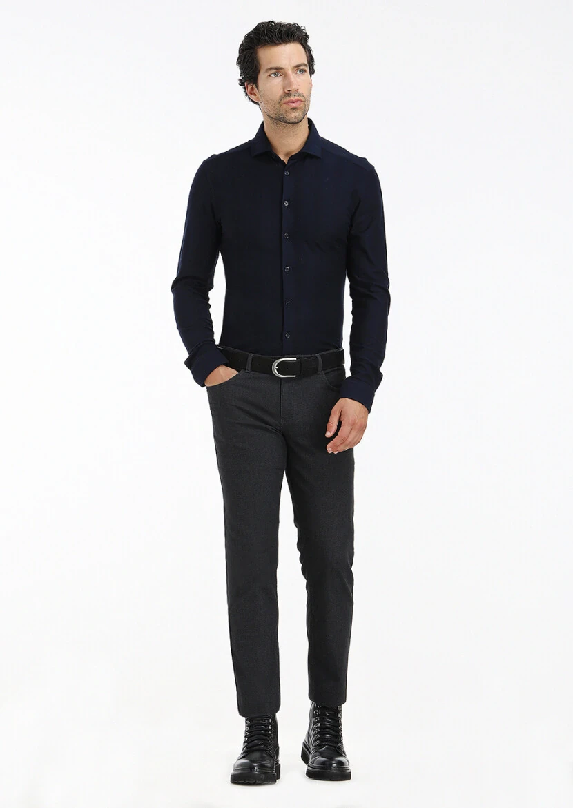 Navy Blue Striped Slim Fit Knitting Casual 100% Cotton Shirt - 1