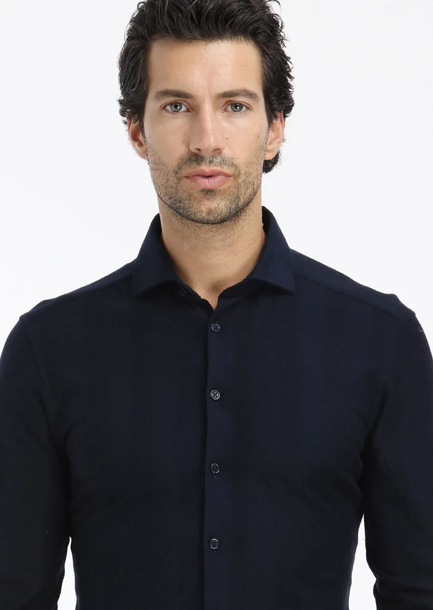 Navy Blue Striped Slim Fit Knitting Casual 100% Cotton Shirt - 2