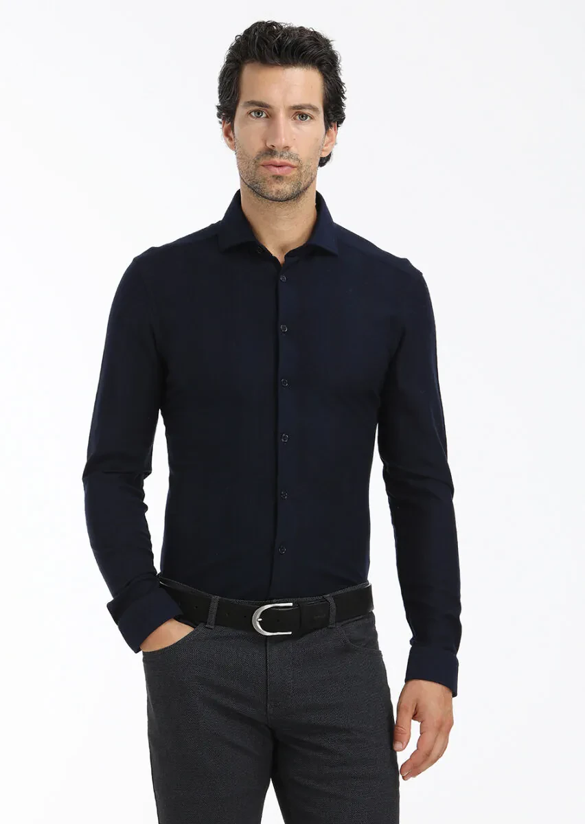 Navy Blue Striped Slim Fit Knitting Casual 100% Cotton Shirt - 3