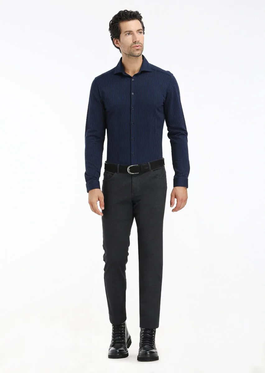 Navy Blue Striped Slim Fit Knitting Casual 100% Cotton Shirt - 1