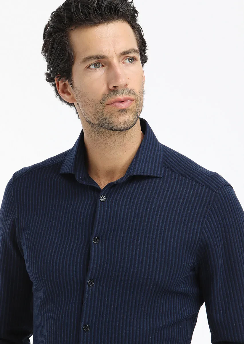 Navy Blue Striped Slim Fit Knitting Casual 100% Cotton Shirt - 3