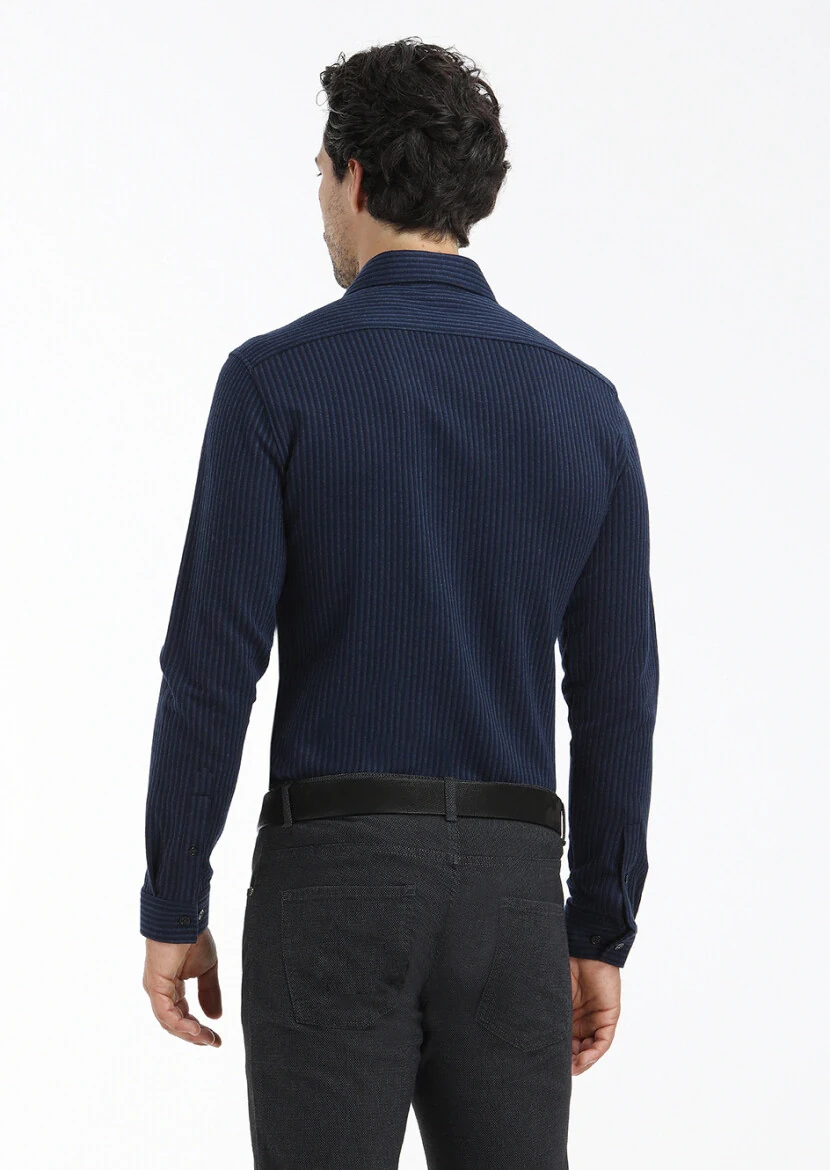 Navy Blue Striped Slim Fit Knitting Casual 100% Cotton Shirt - 4