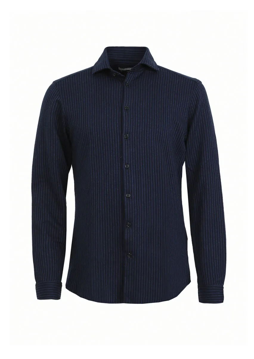 Navy Blue Striped Slim Fit Knitting Casual 100% Cotton Shirt - 5