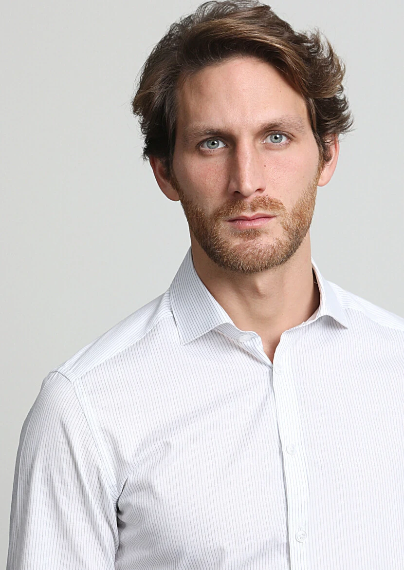 Navy Blue Striped Slim Fit Weaving Classical 100% Cotton Shirt - 2