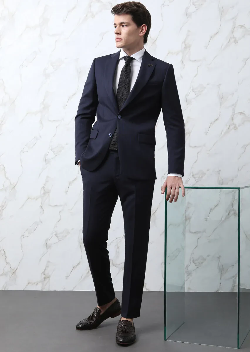Navy Blue Striped Thin&Taller Slim Fit 100% Wool Suit - 1