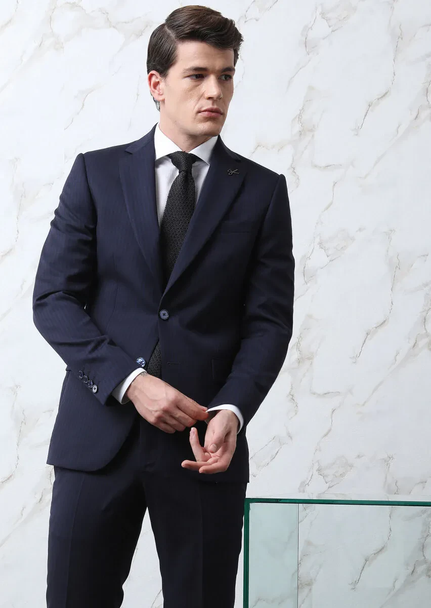 Navy Blue Striped Thin&Taller Slim Fit 100% Wool Suit - 2