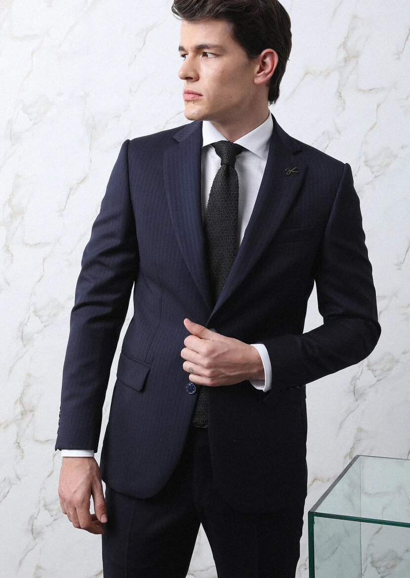 Navy Blue Striped Thin&Taller Slim Fit 100% Wool Suit - 3