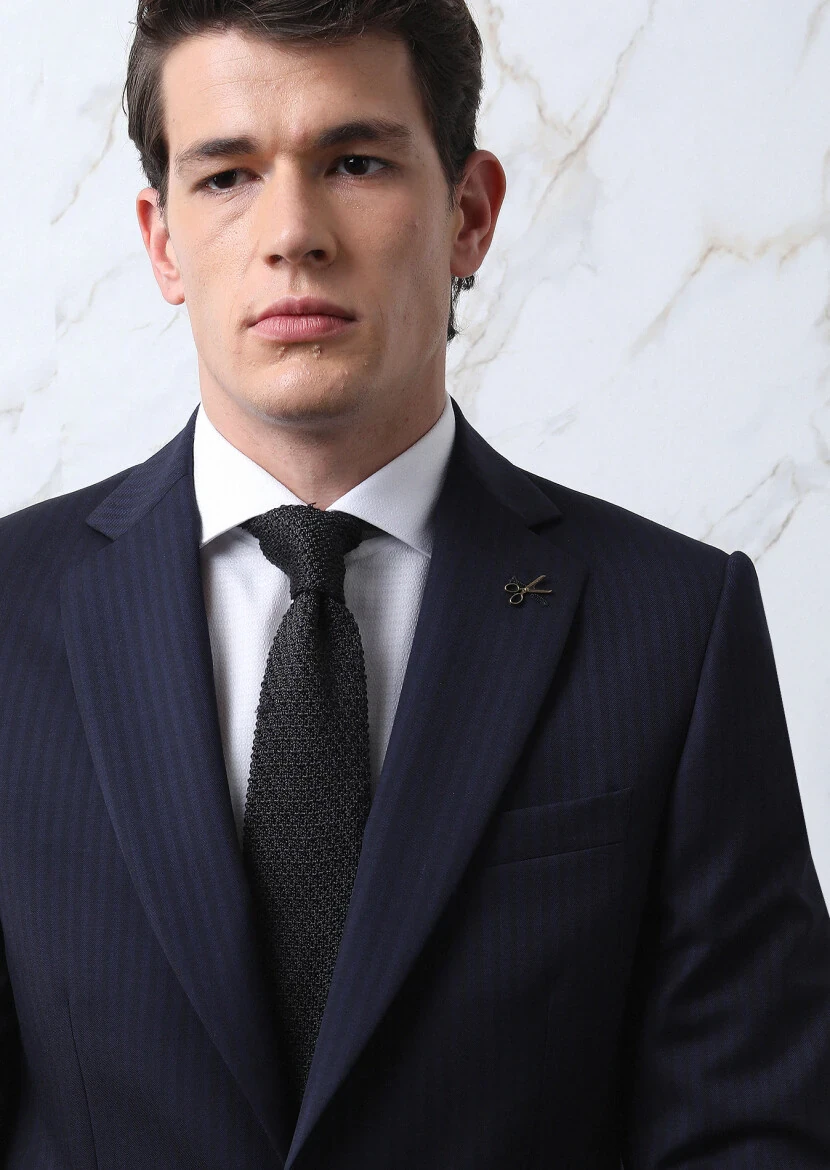 Navy Blue Striped Thin&Taller Slim Fit 100% Wool Suit - 6