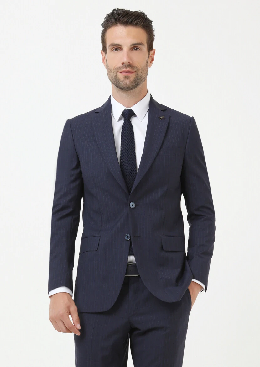 Navy Blue Striped Thin&Taller Slim Fit 100% Wool Suit - 2