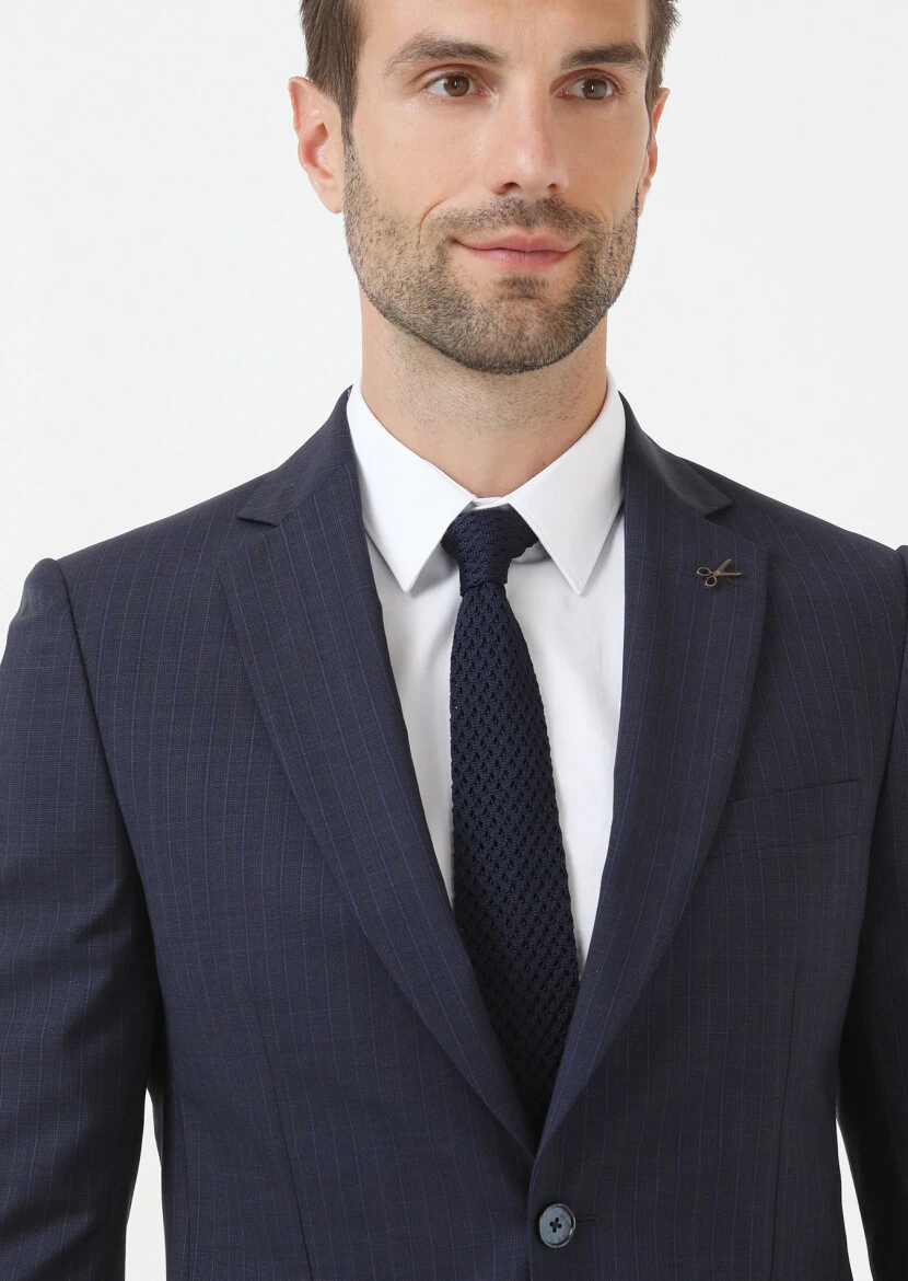Navy Blue Striped Thin&Taller Slim Fit 100% Wool Suit - 3