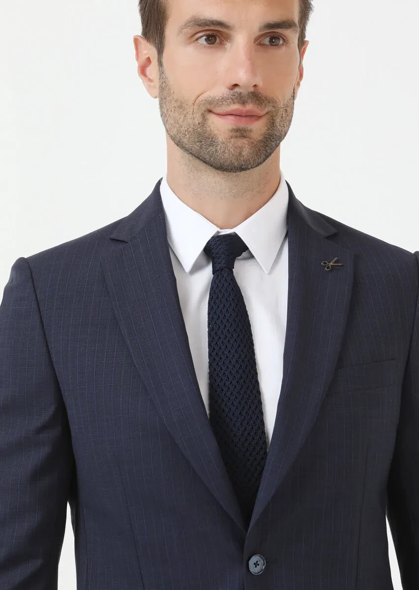 Navy Blue Striped Thin&Taller Slim Fit 100% Wool Suit - 3