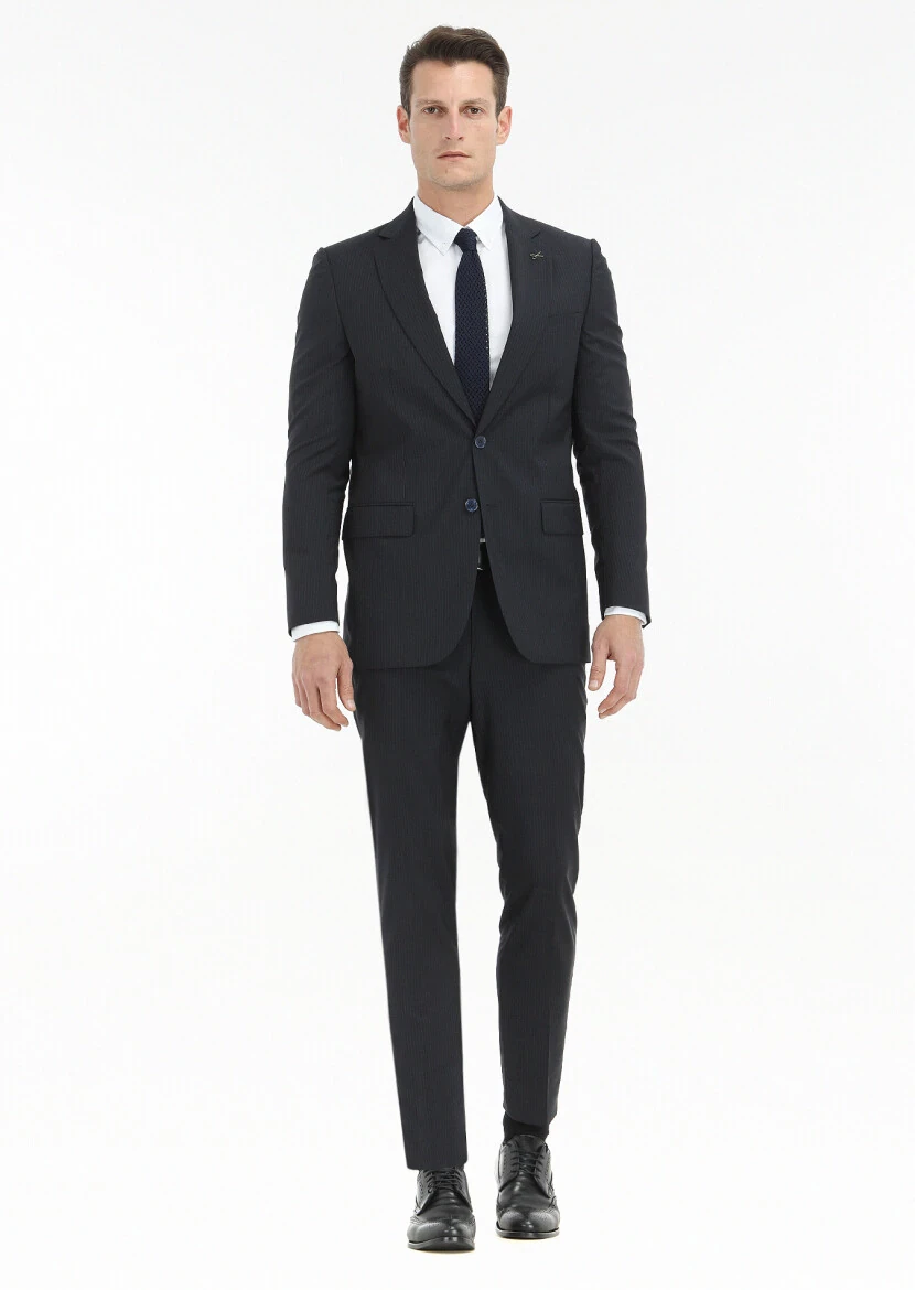 Navy Blue Striped Thin&Taller Slim Fit 100% Wool Suit - 1