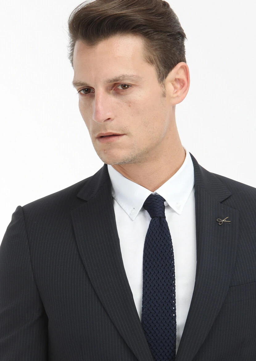 Navy Blue Striped Thin&Taller Slim Fit 100% Wool Suit - 3