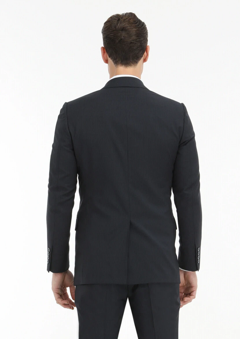 Navy Blue Striped Thin&Taller Slim Fit 100% Wool Suit - 4