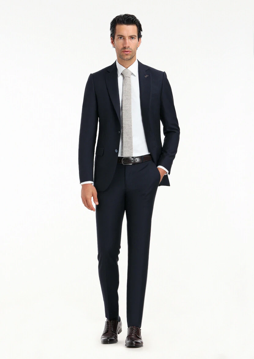 Navy Blue Striped Thin&Taller Slim Fit 100% Wool Suit - 1