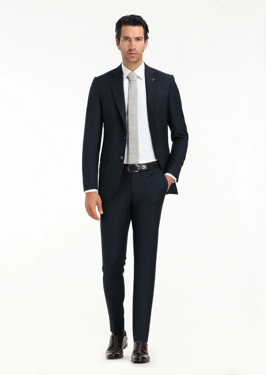 Navy Blue Striped Thin&Taller Slim Fit 100% Wool Suit - 1