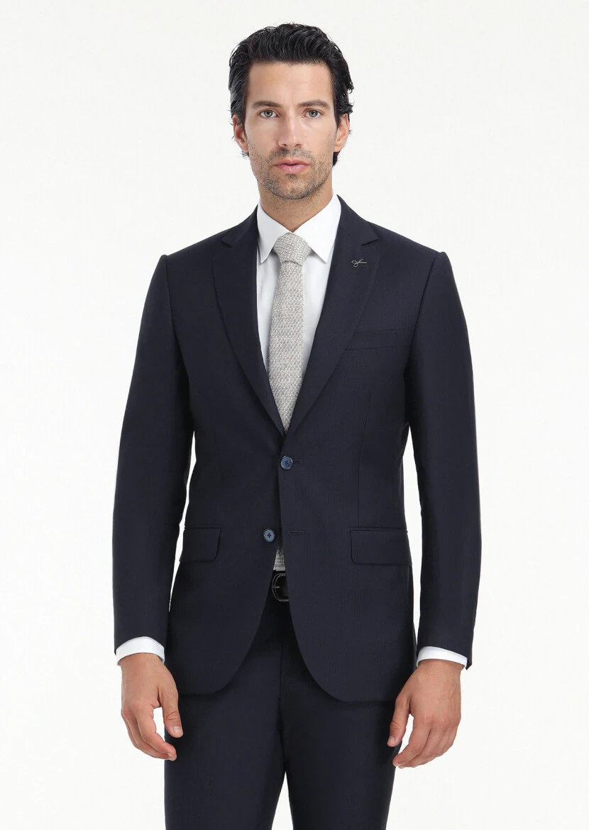 Navy Blue Striped Thin&Taller Slim Fit 100% Wool Suit - 2